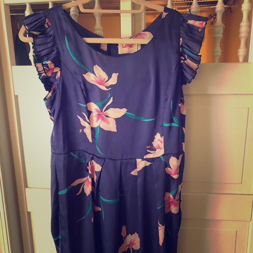 Blue, silk sundress with floral pattern